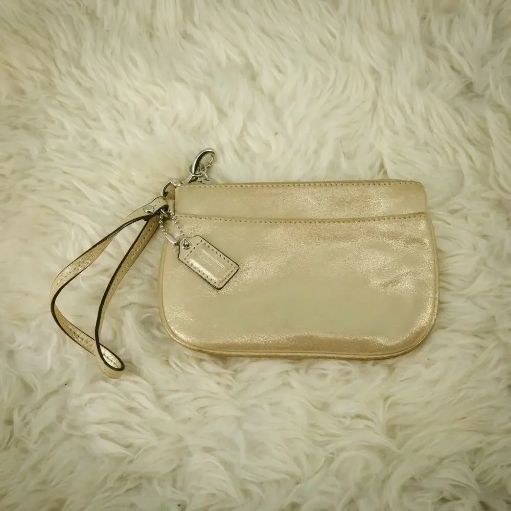 Coach Champagne Gold Metallic Small Zip Closure Wristlet Clutch Bag Purse